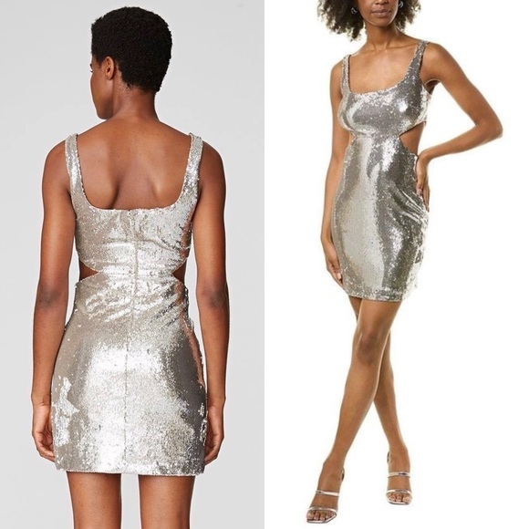 NWT HALSTON 70s Sequin Waist‎ Cutout Square Neck Sleeveless Disco Mini Dress 4 - Picture 2 of 9